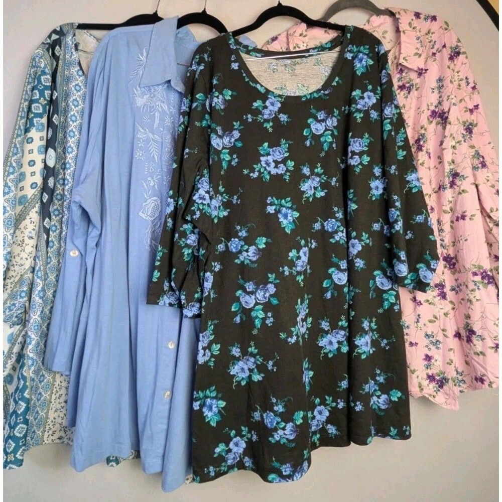 Lot of 4 Woman Within Plus Size Tops 3X 30/32 Floral Blue Pink Blouse